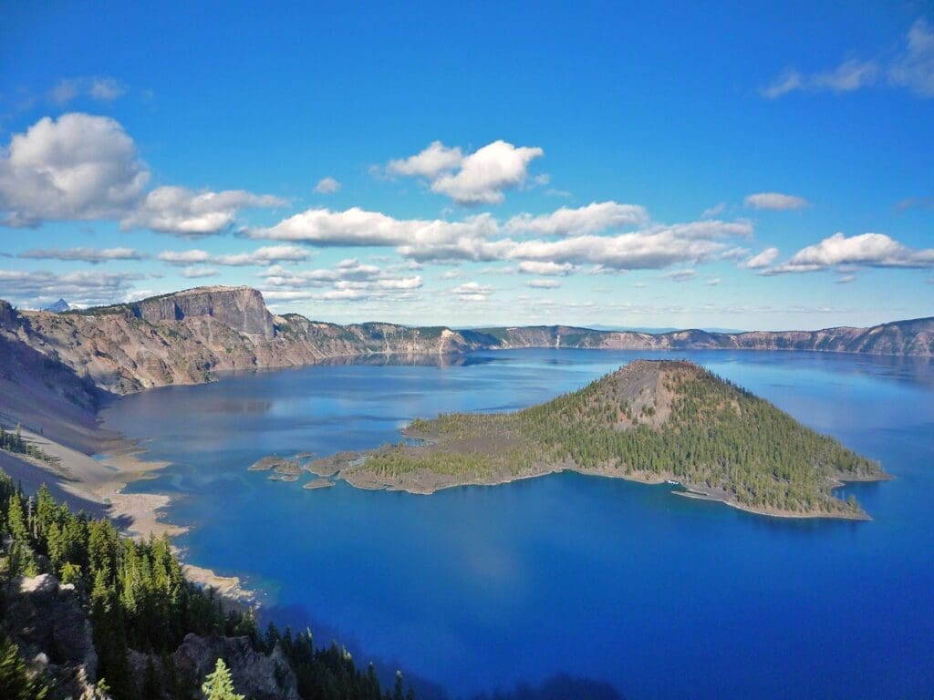 Crater Lake's Wizard Island. an island in the middle of a lake