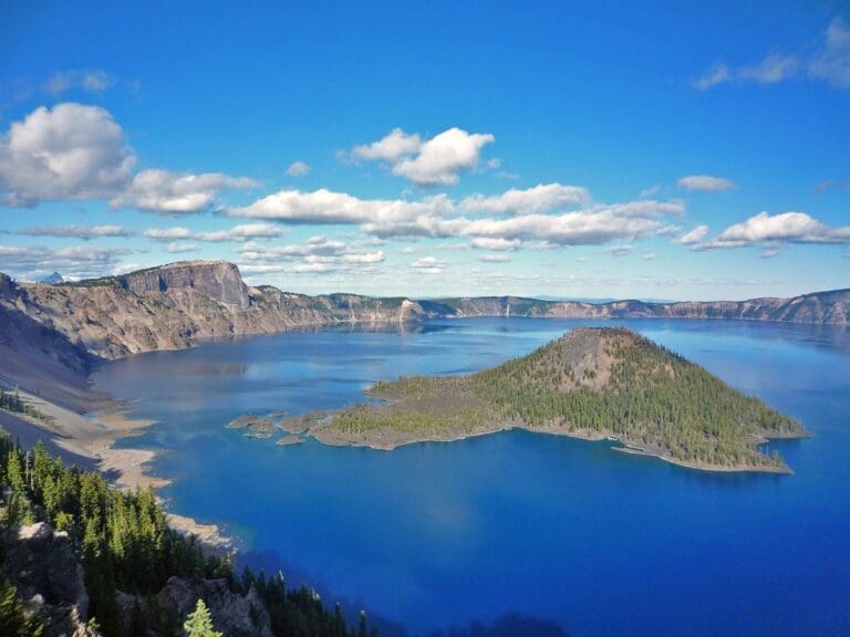 Crater Lake's Wizard Island. an island in the middle of a lake
