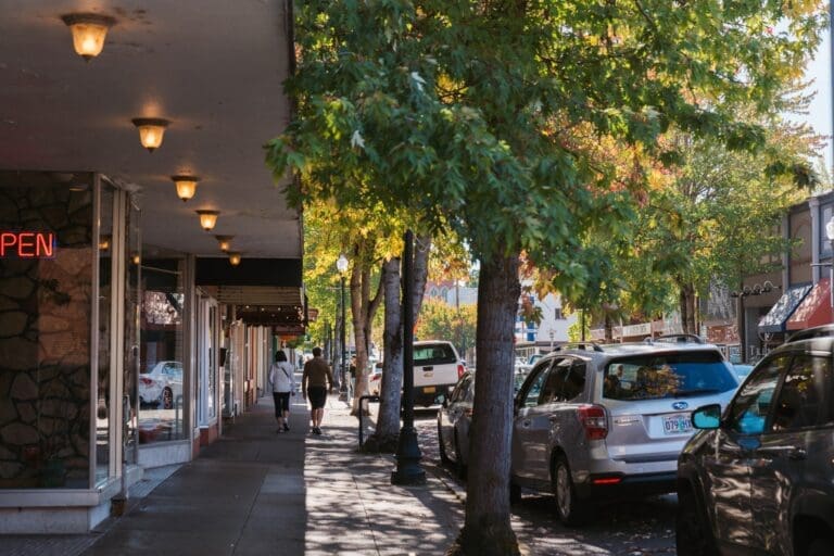 downtown sidewalk on Jackson Street in Roseburg, Oregon
